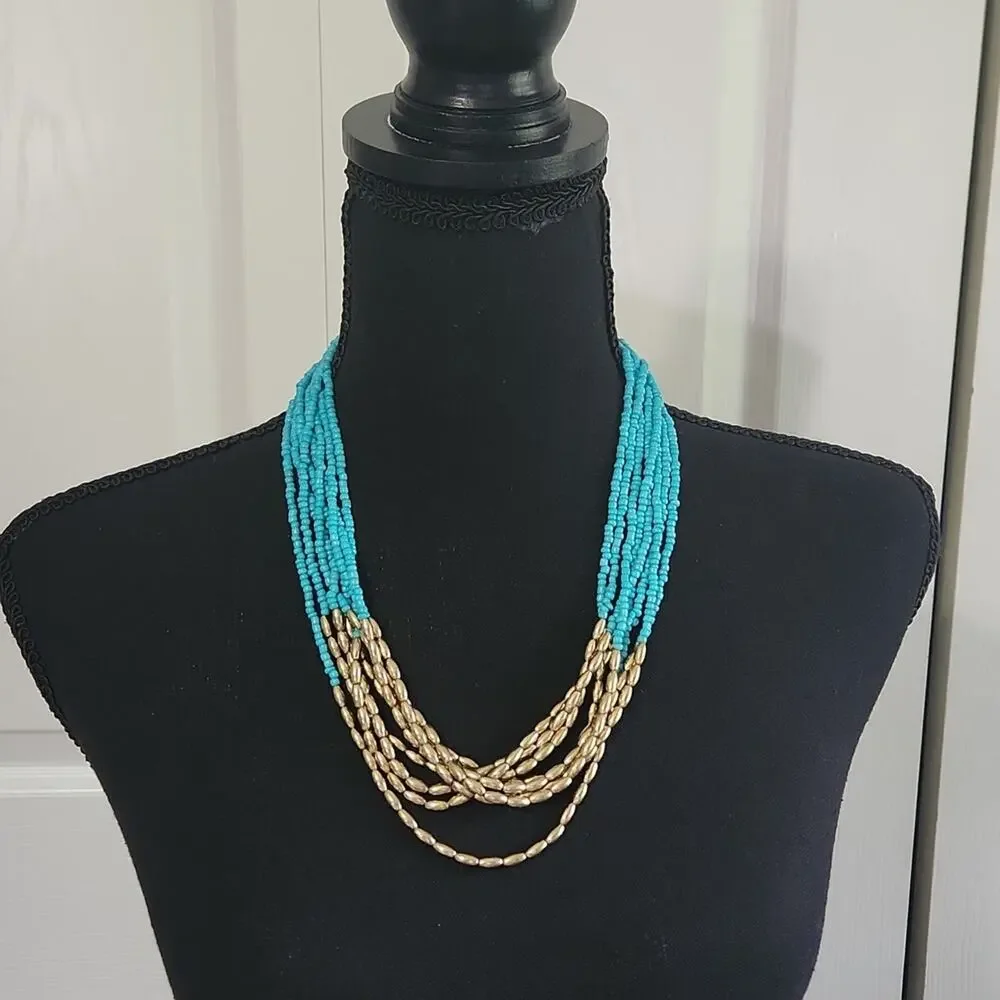 Necklace‎ Blue & Gold Beaded Lobster Claw Clasp